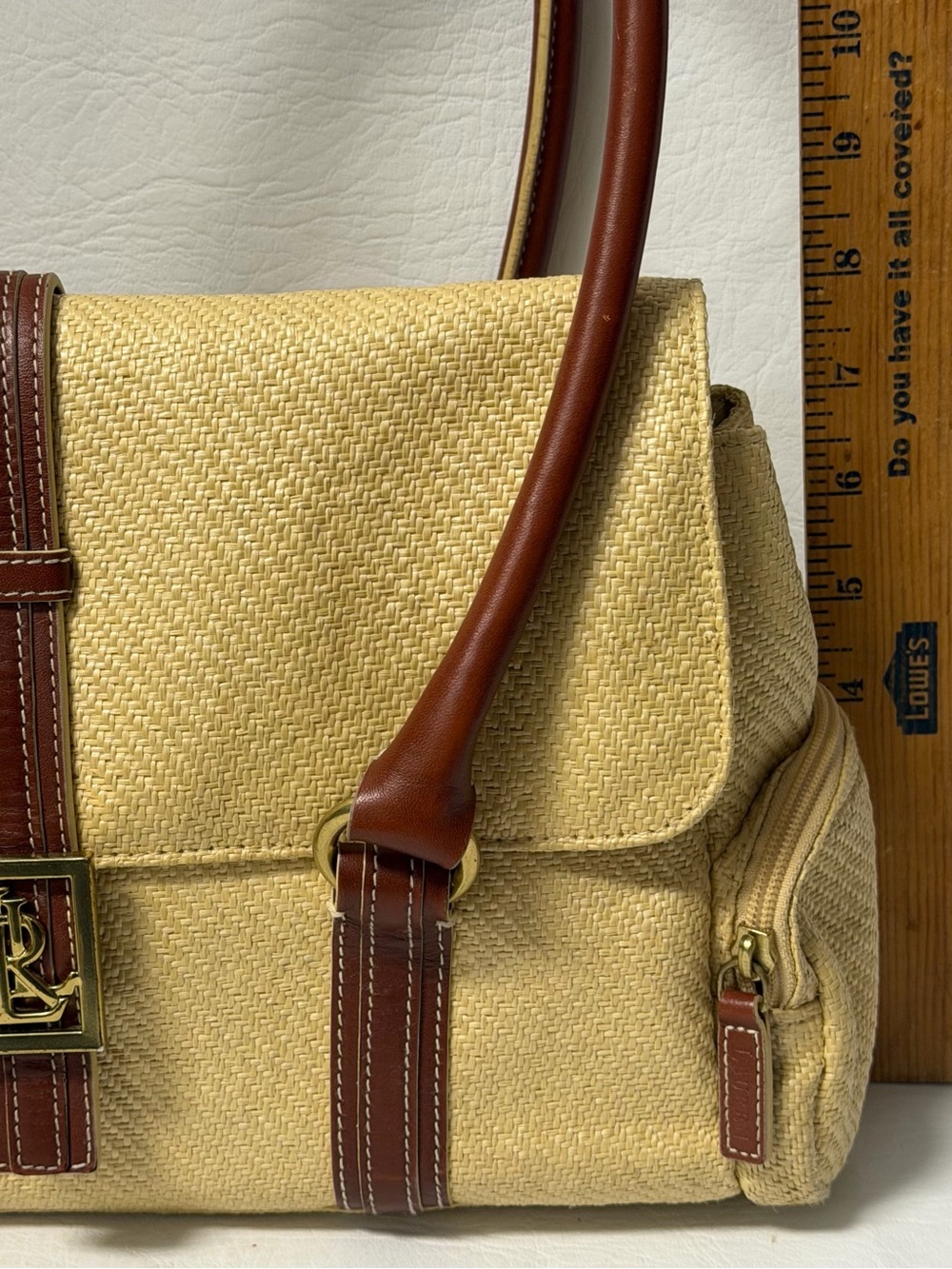 Vintage 90s Lauren Ralph Lauren straw look purse leather details - Picture 6 of 10